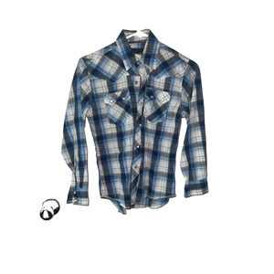 Wrangler Women's Large Button Up Long Sleeve Plaid Blue Pearl Snap Cowboy